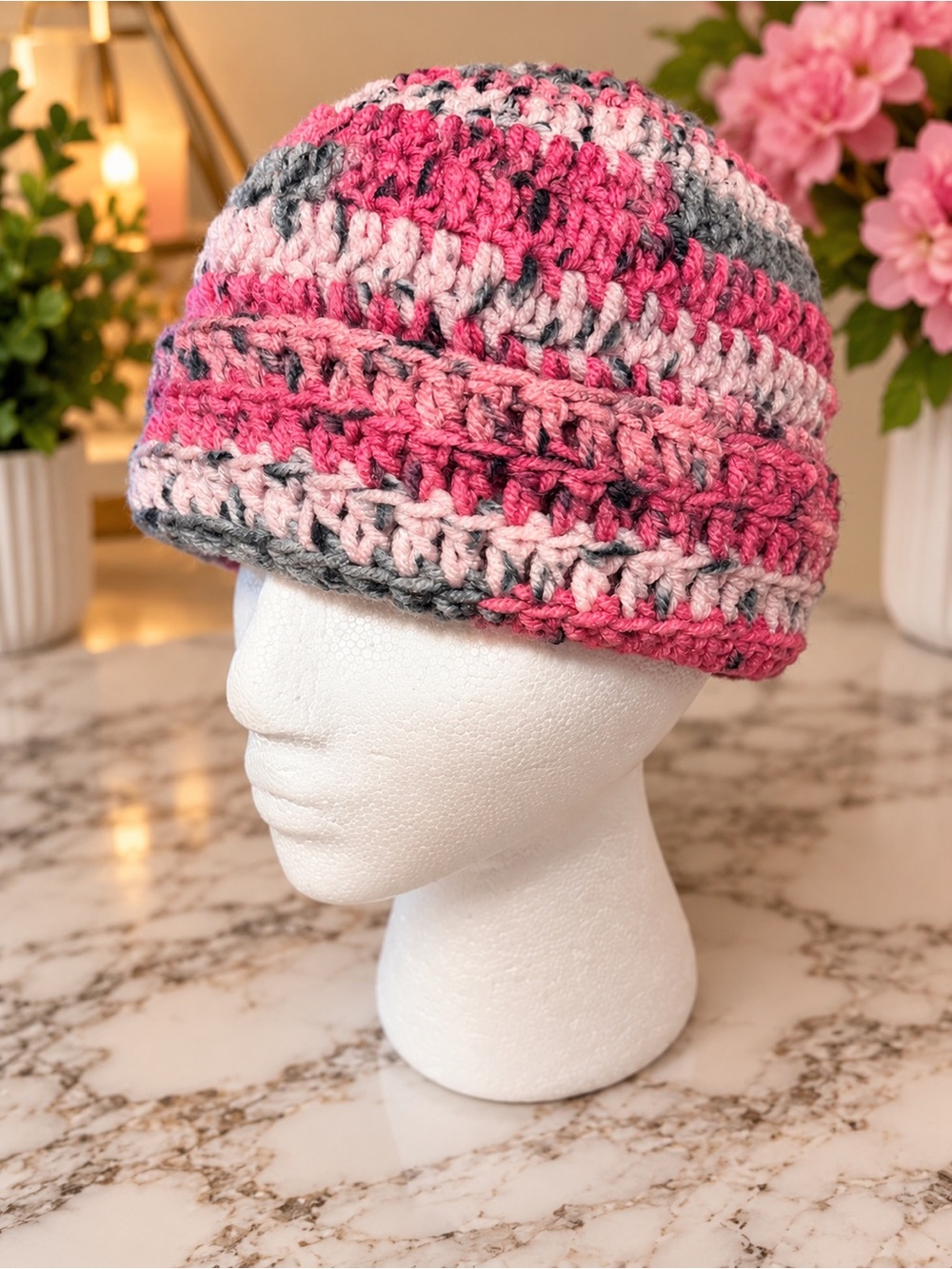 Handmade Pink Multicolor Crochet Beanie - Winter Hat